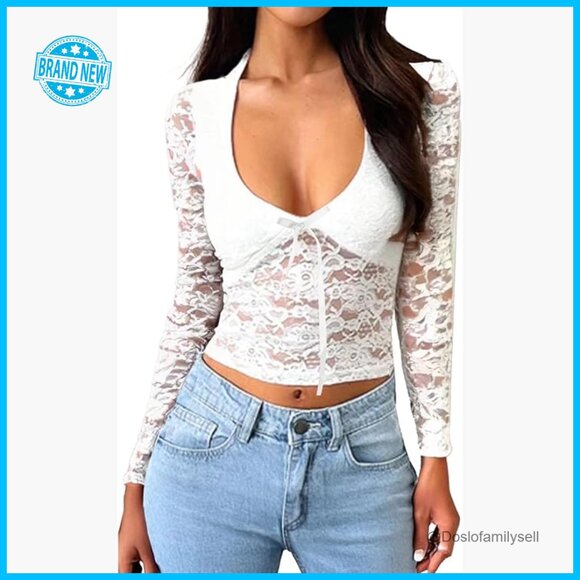 Tops - Lace Long Sleeve Blouse Y2K Deep V Neck Bow Tie Slim Fit Going Out Top